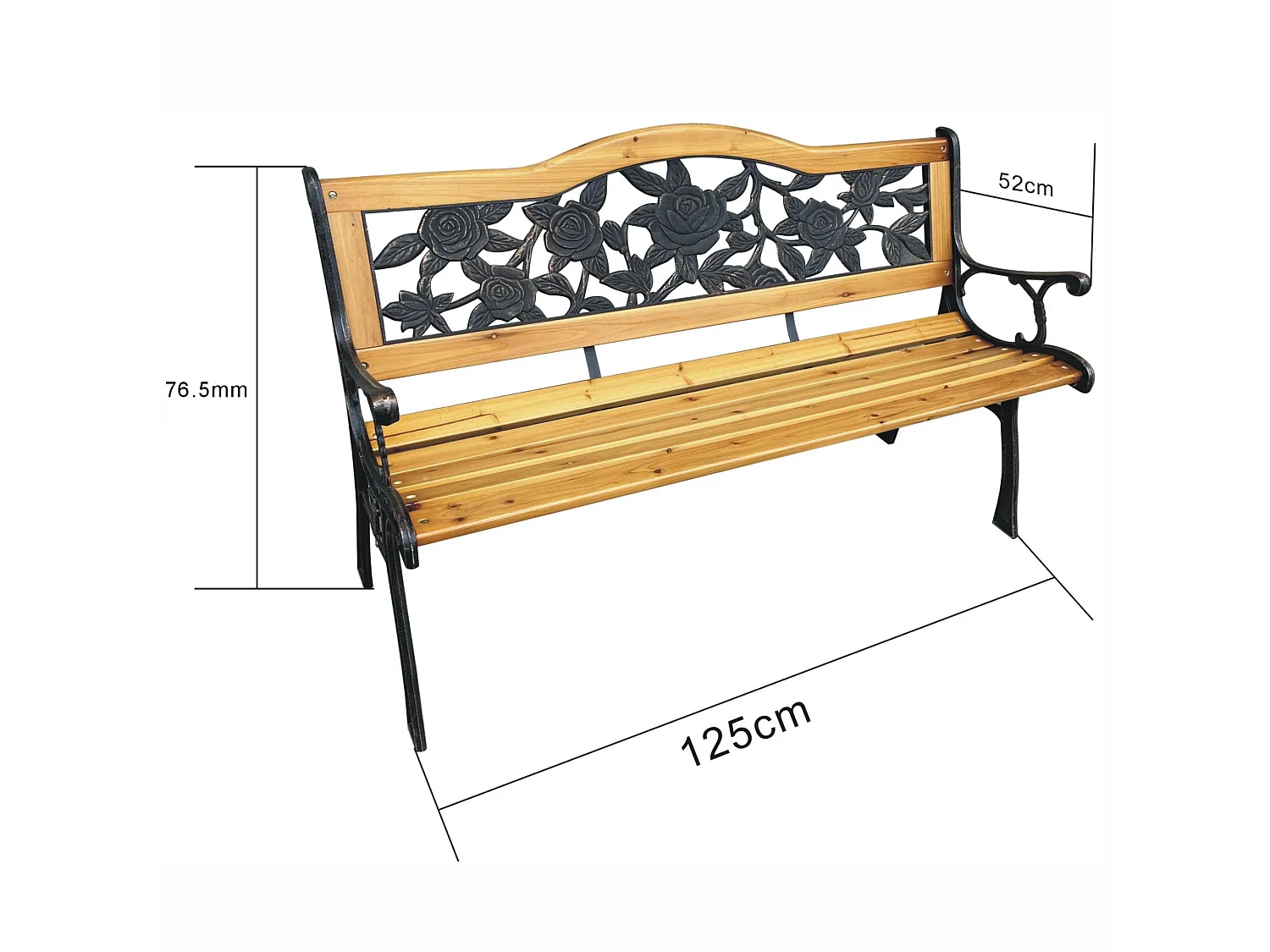 Tuinbank ROSA / Buitenbank / Metaal en Hout / Zwart - Hout / Maximale Belasting 260 kg / 125 x 76,5 x 52 cm