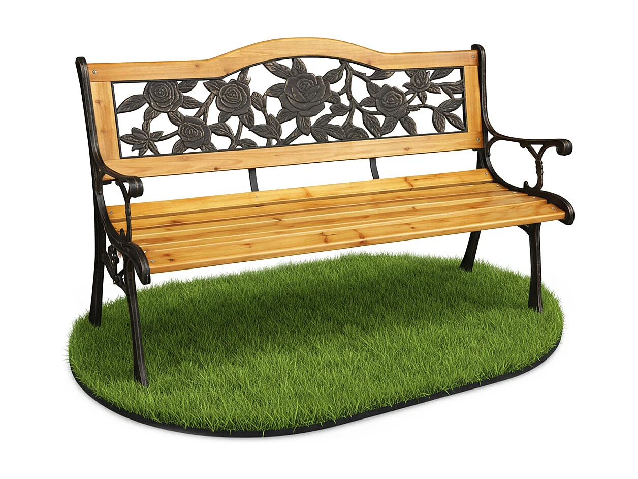 Banco de jardim preto ROSA com madeira envernizada e pernas de aço largura 127 cm