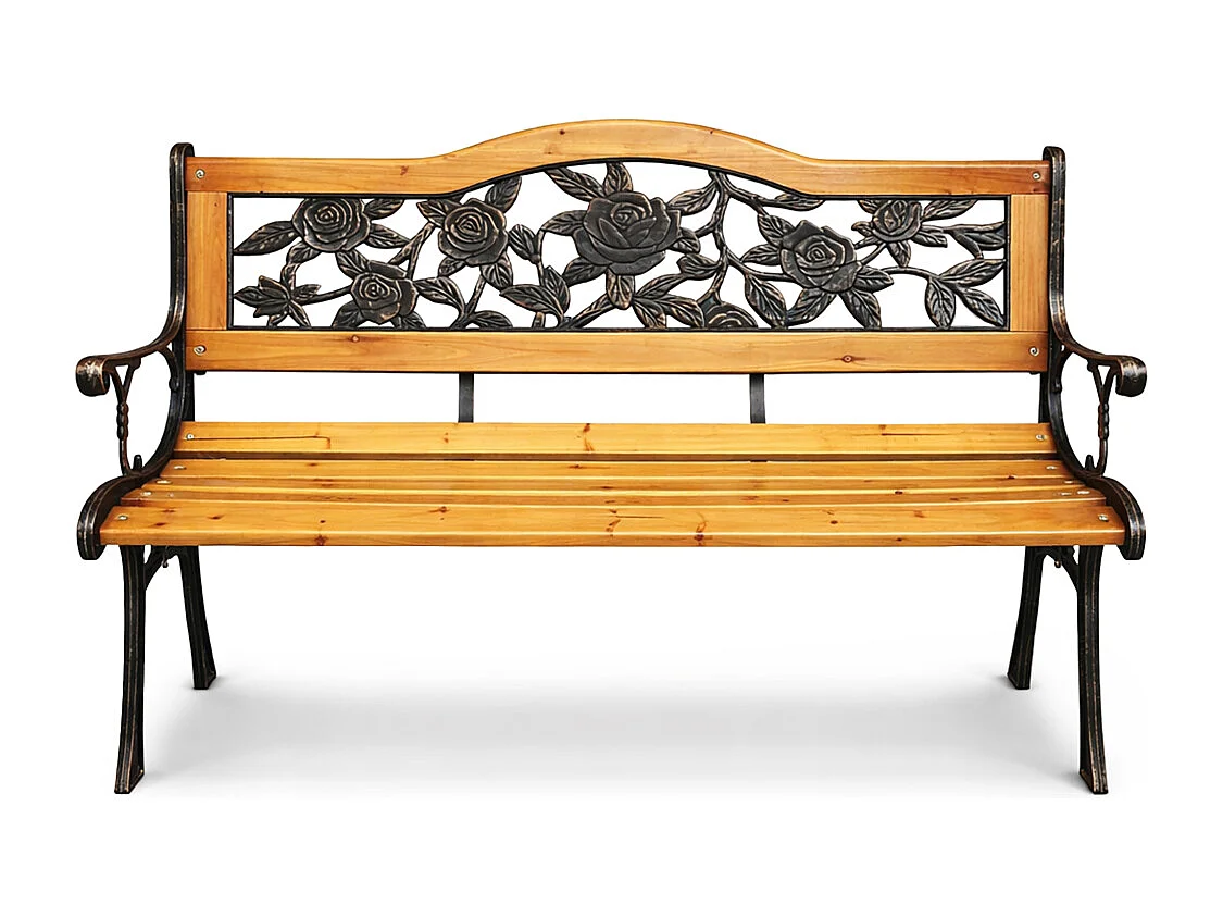 Banco de jardim preto ROSA com madeira envernizada e pernas de aço largura 127 cm