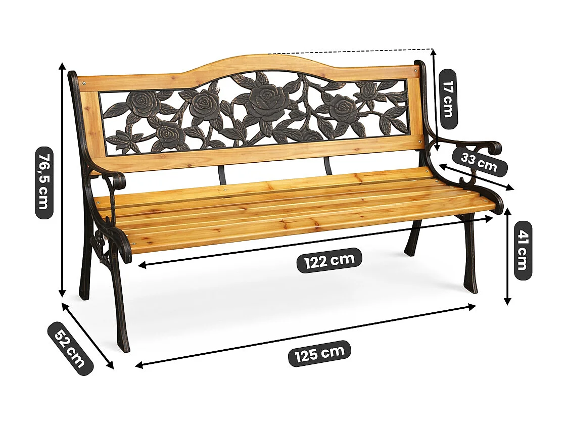 Banco de jardim preto ROSA com madeira envernizada e pernas de aço largura 127 cm