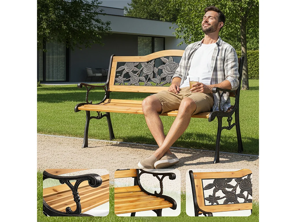 Banco de jardim preto ROSA com madeira envernizada e pernas de aço largura 127 cm