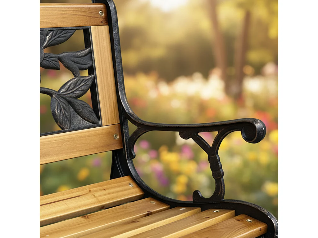 Banco de jardim preto ROSA com madeira envernizada e pernas de aço largura 127 cm