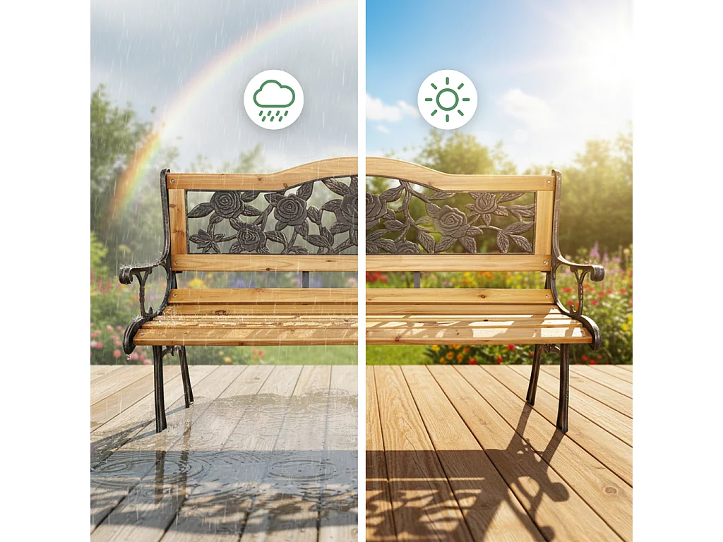 Banco de jardim preto ROSA com madeira envernizada e pernas de aço largura 127 cm