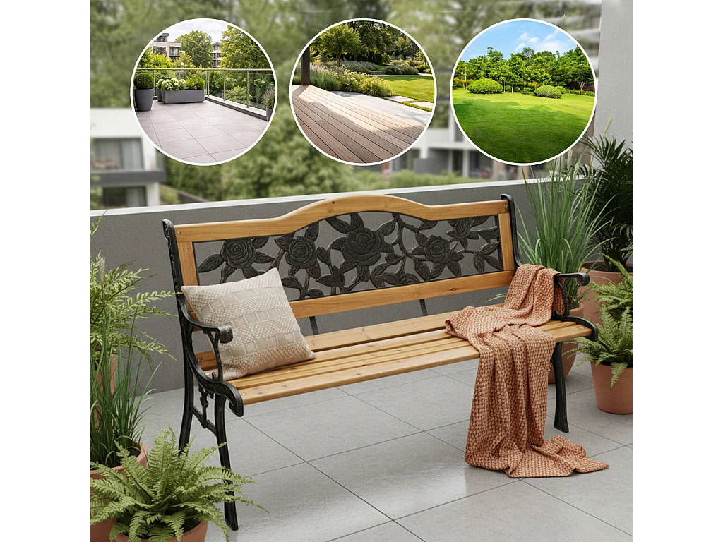 Banco de jardim preto ROSA com madeira envernizada e pernas de aço largura 127 cm