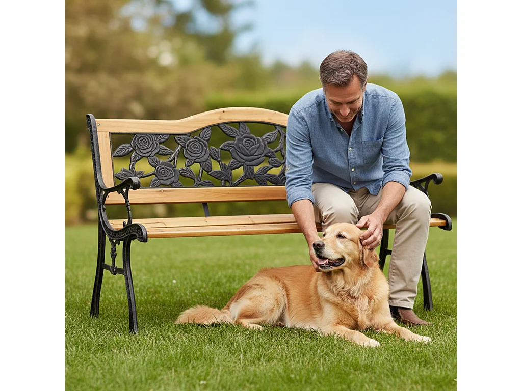 Banco de jardim preto ROSA com madeira envernizada e pernas de aço largura 127 cm