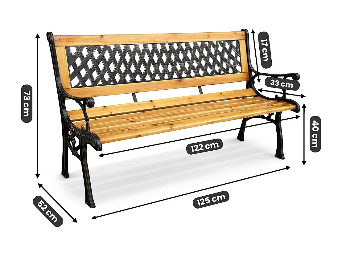 Banc de jardin noir MIRT avec bois laqué et pieds en fonte, largeur 127 cm