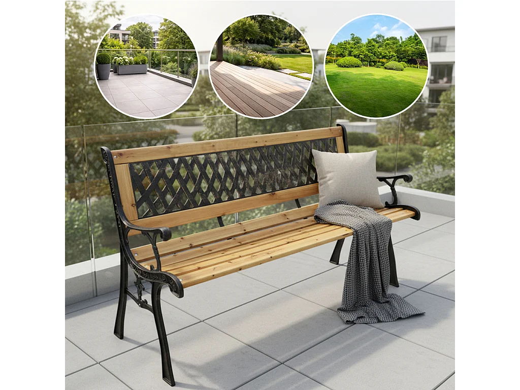 Banc de jardin noir MIRT avec bois laqué et pieds en fonte, largeur 127 cm