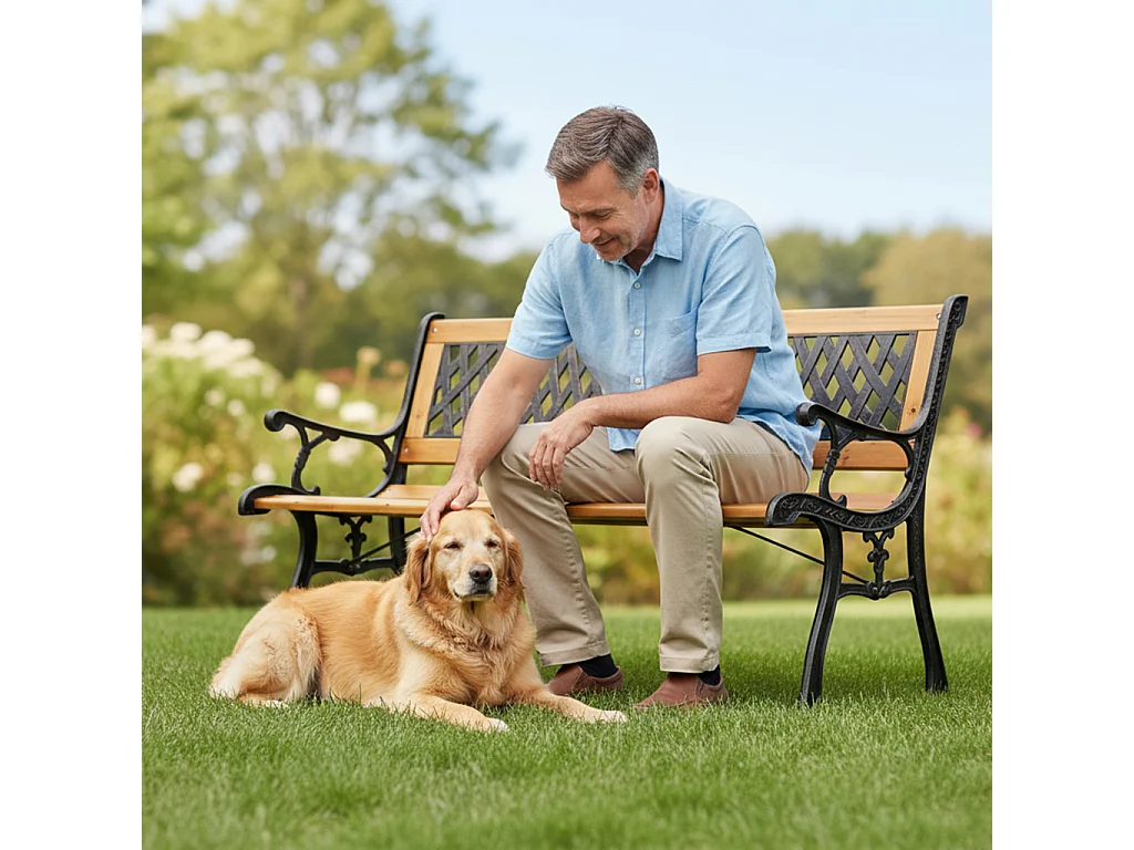 Banc de jardin noir MIRT avec bois laqué et pieds en fonte, largeur 127 cm