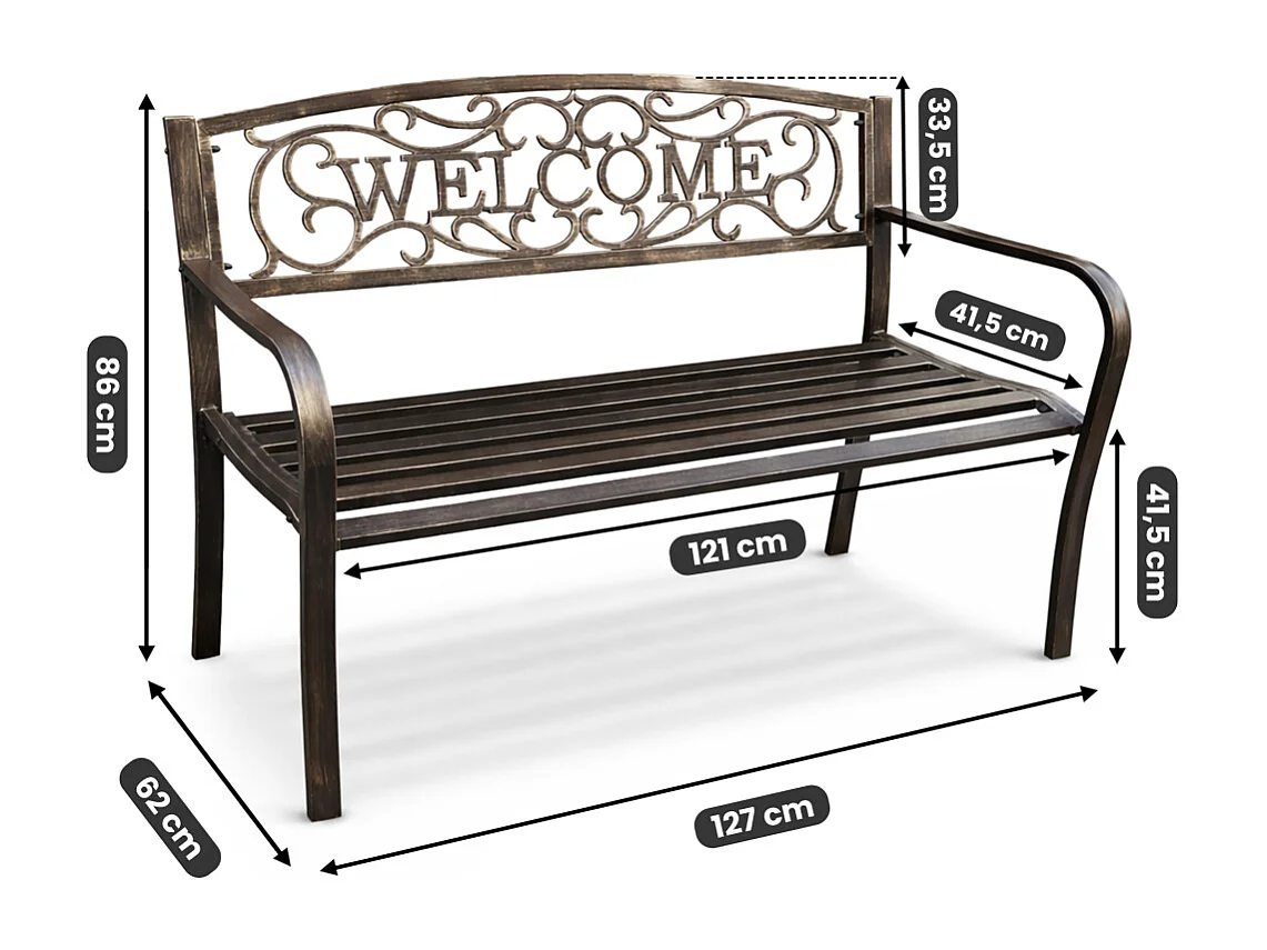 Banco de jardim marrom IRYS com pernas de aço e encosto de ferro fundido largura 127 cm