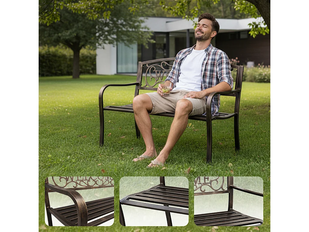 Banco de jardim marrom IRYS com pernas de aço e encosto de ferro fundido largura 127 cm