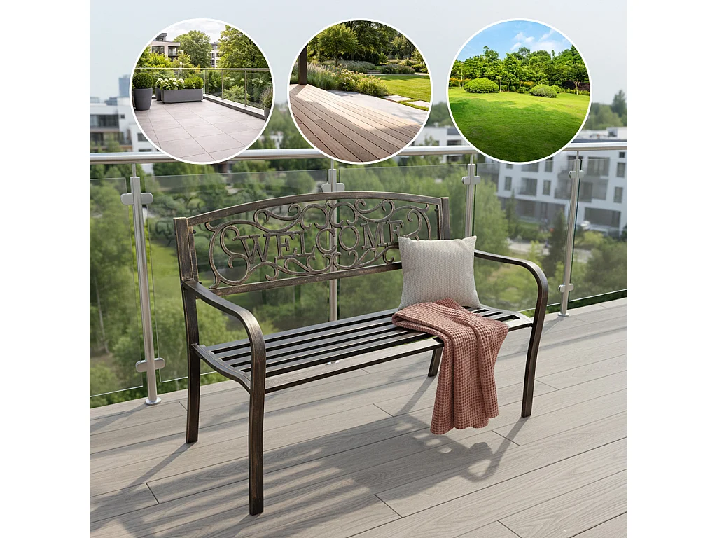 Banco de jardim marrom IRYS com pernas de aço e encosto de ferro fundido largura 127 cm