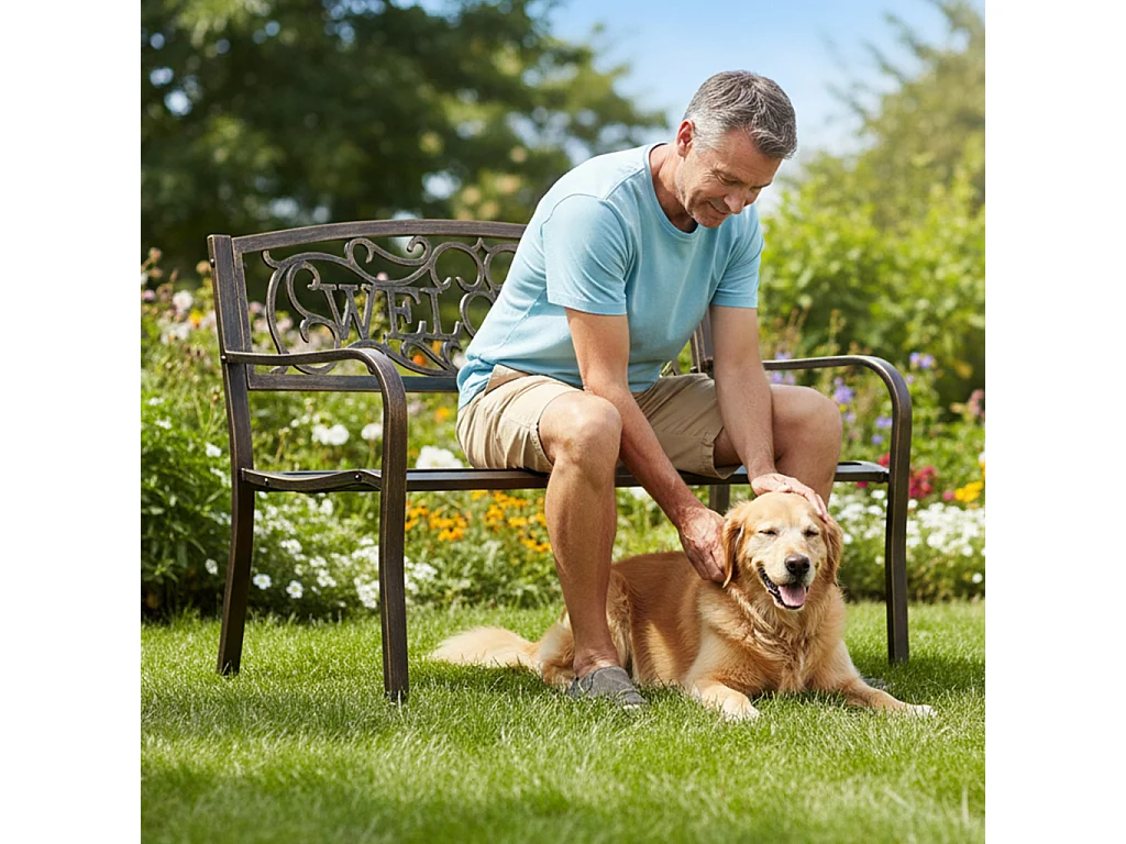 Banco de jardim marrom IRYS com pernas de aço e encosto de ferro fundido largura 127 cm