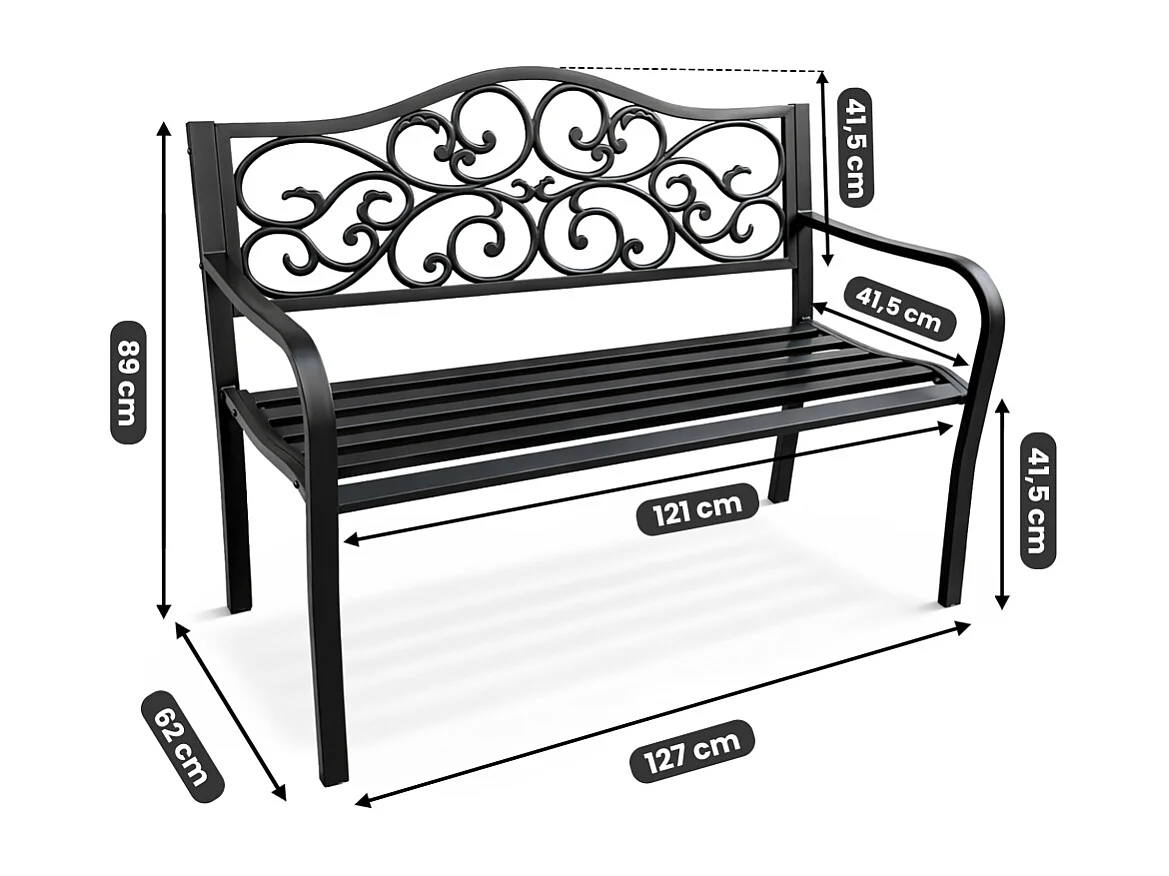Tuinbank IRGA / Staal Buitenbank / Zwart / Maximale Belasting 320 kg / 127 x 89 x 62 cm