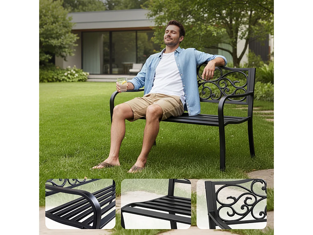 Tuinbank IRGA / Staal Buitenbank / Zwart / Maximale Belasting 320 kg / 127 x 89 x 62 cm