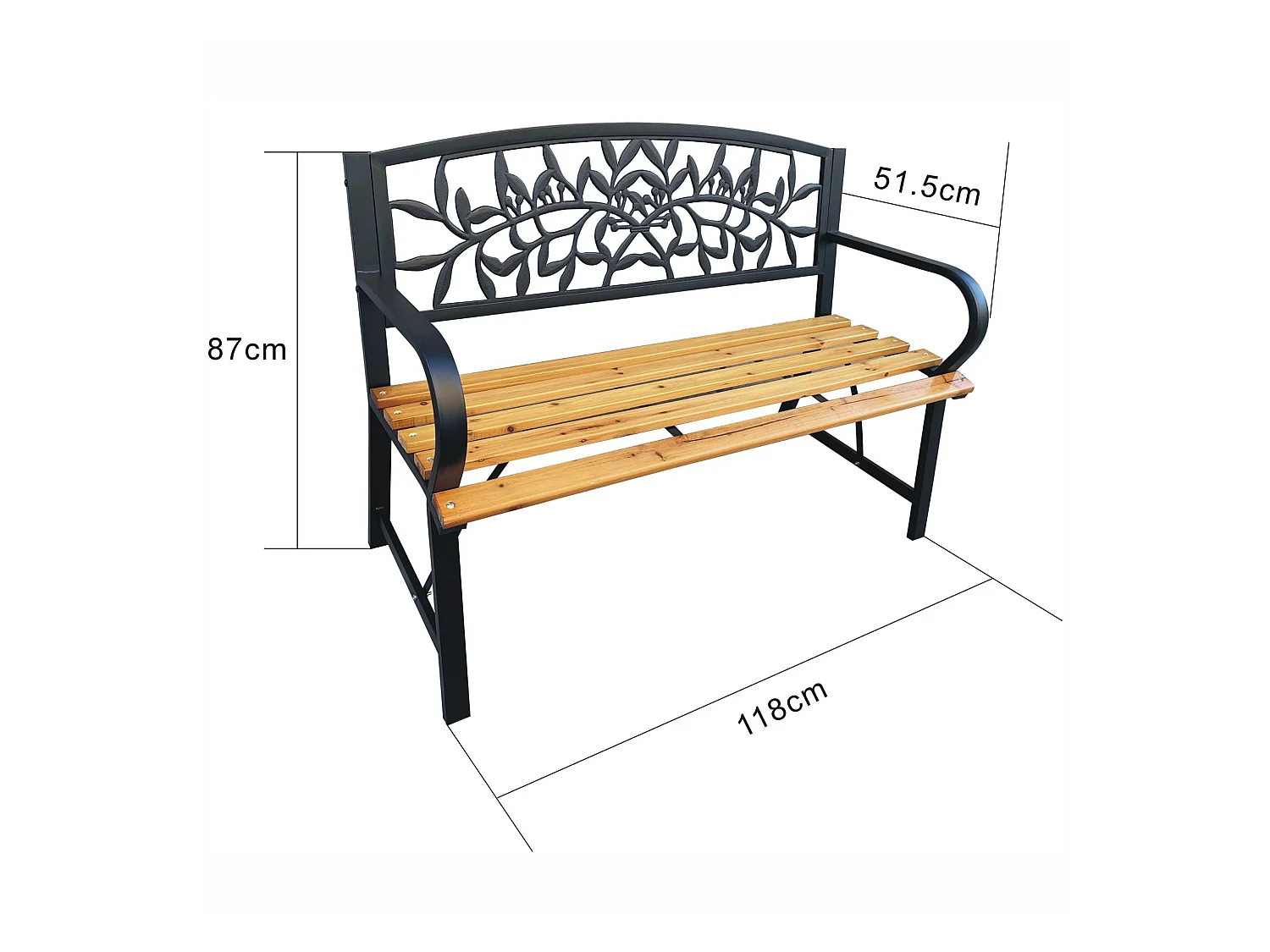 Panchina da giardino nera REO con legno laccato e gambe in acciaio larghezza 118 cm