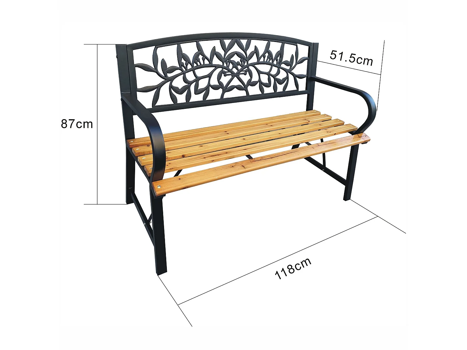 Czarna ławka ogrodowa REO z lakierowanym drewnem i stalowymi nogami szerokość 118 cm