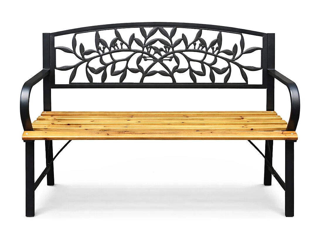 Czarna ławka ogrodowa REO z lakierowanym drewnem i stalowymi nogami szerokość 118 cm