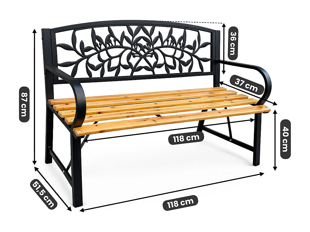 Czarna ławka ogrodowa REO z lakierowanym drewnem i stalowymi nogami szerokość 118 cm