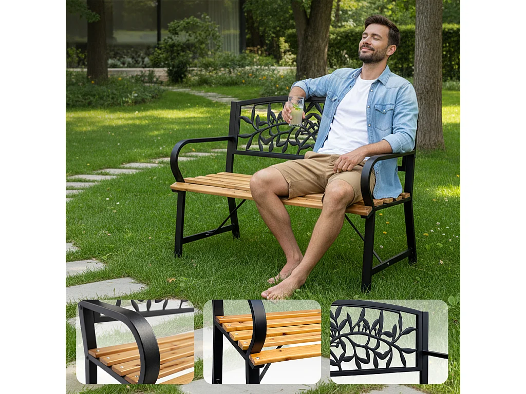 Czarna ławka ogrodowa REO z lakierowanym drewnem i stalowymi nogami szerokość 118 cm