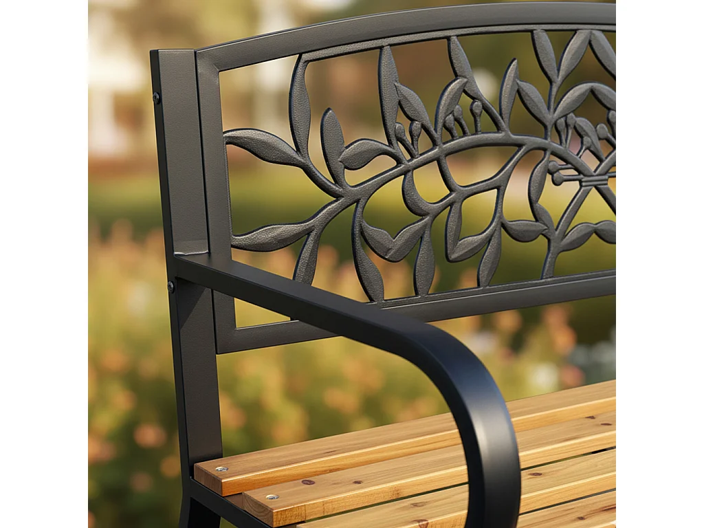 Czarna ławka ogrodowa REO z lakierowanym drewnem i stalowymi nogami szerokość 118 cm
