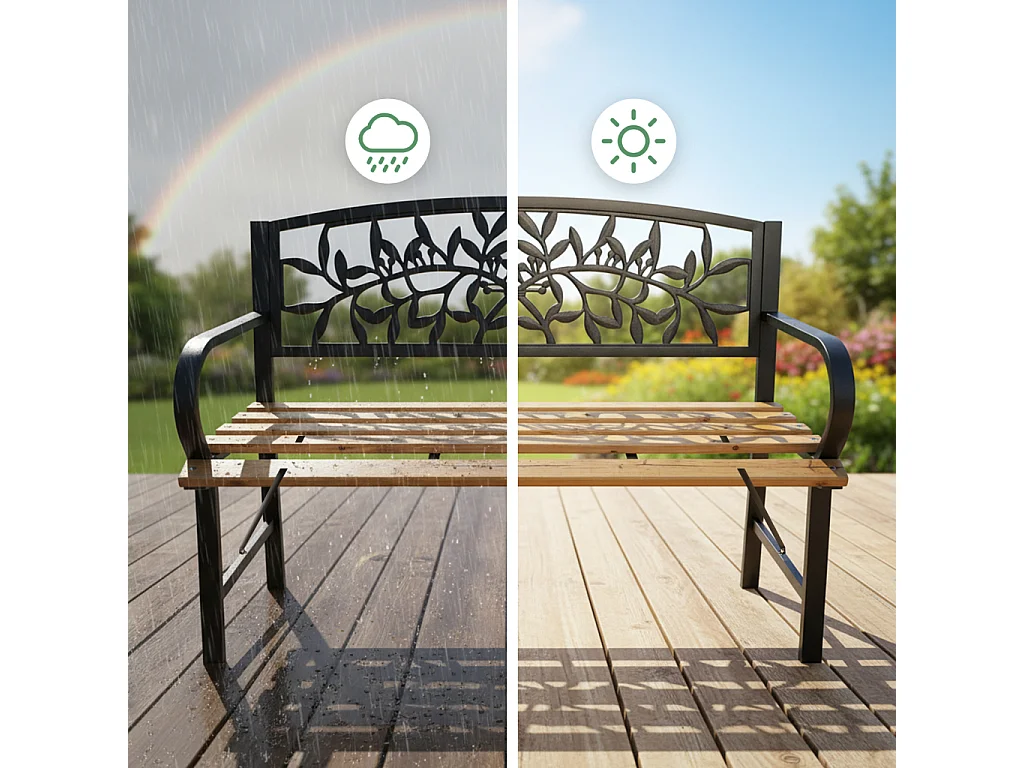 Czarna ławka ogrodowa REO z lakierowanym drewnem i stalowymi nogami szerokość 118 cm