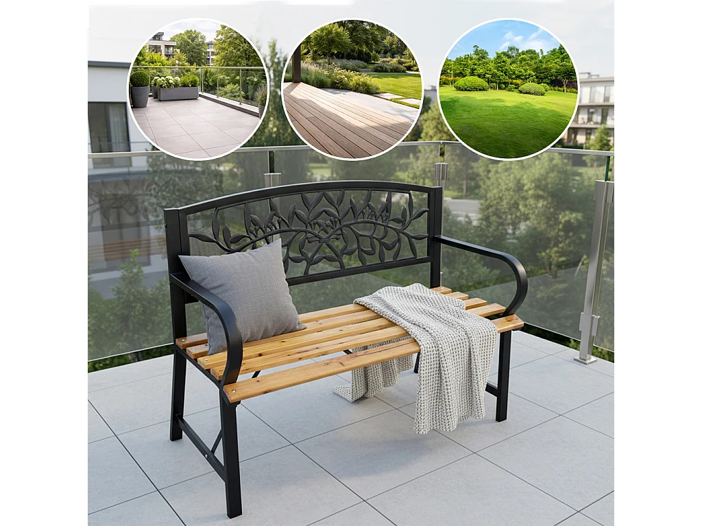 Czarna ławka ogrodowa REO z lakierowanym drewnem i stalowymi nogami szerokość 118 cm