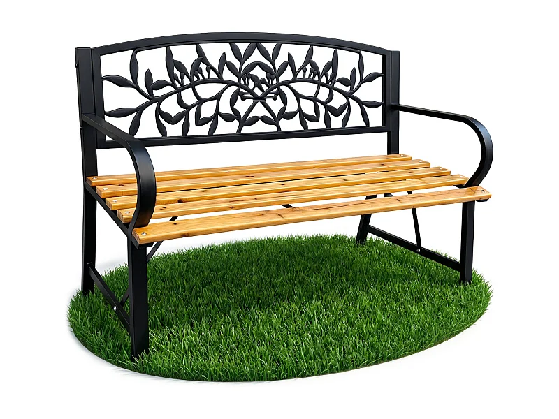 Banc de jardin noir REO avec bois laqué et pieds en acier, largeur 118 cm