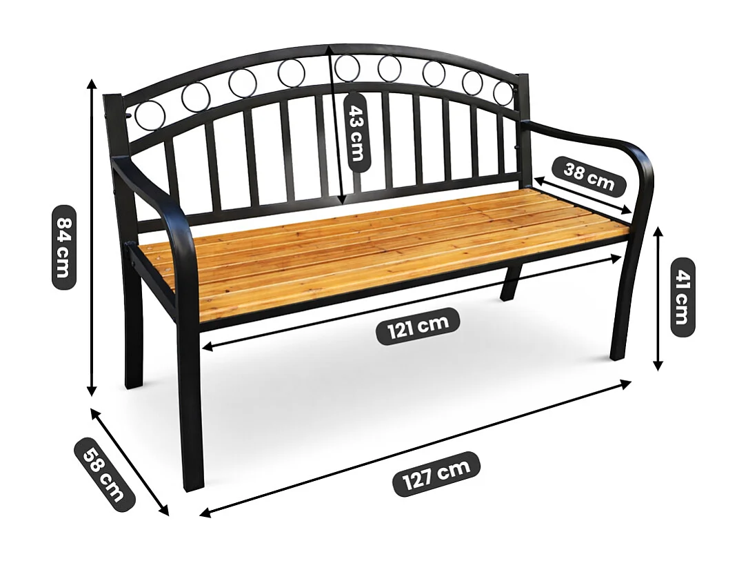 Ławka ogrodowa ARUM z lakierowanego drewna stalowe nogi szerokość 127 cm