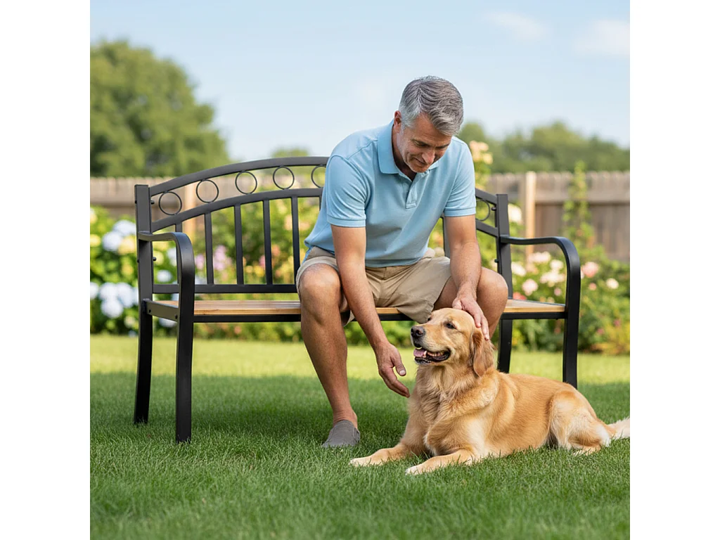 Ławka ogrodowa ARUM z lakierowanego drewna stalowe nogi szerokość 127 cm