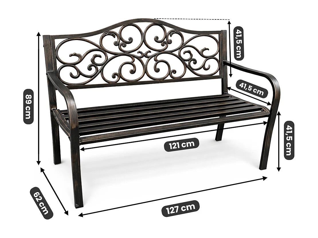 Banco de jardim marrom IRGA com pernas de aço e encosto de ferro fundido largura 127 cm