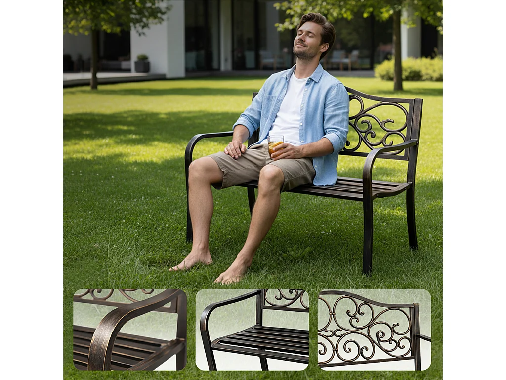 Banco de jardim marrom IRGA com pernas de aço e encosto de ferro fundido largura 127 cm