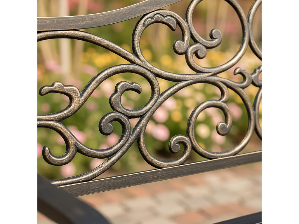 Banco de jardim marrom IRGA com pernas de aço e encosto de ferro fundido largura 127 cm