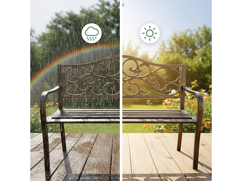 Banco de jardim marrom IRGA com pernas de aço e encosto de ferro fundido largura 127 cm