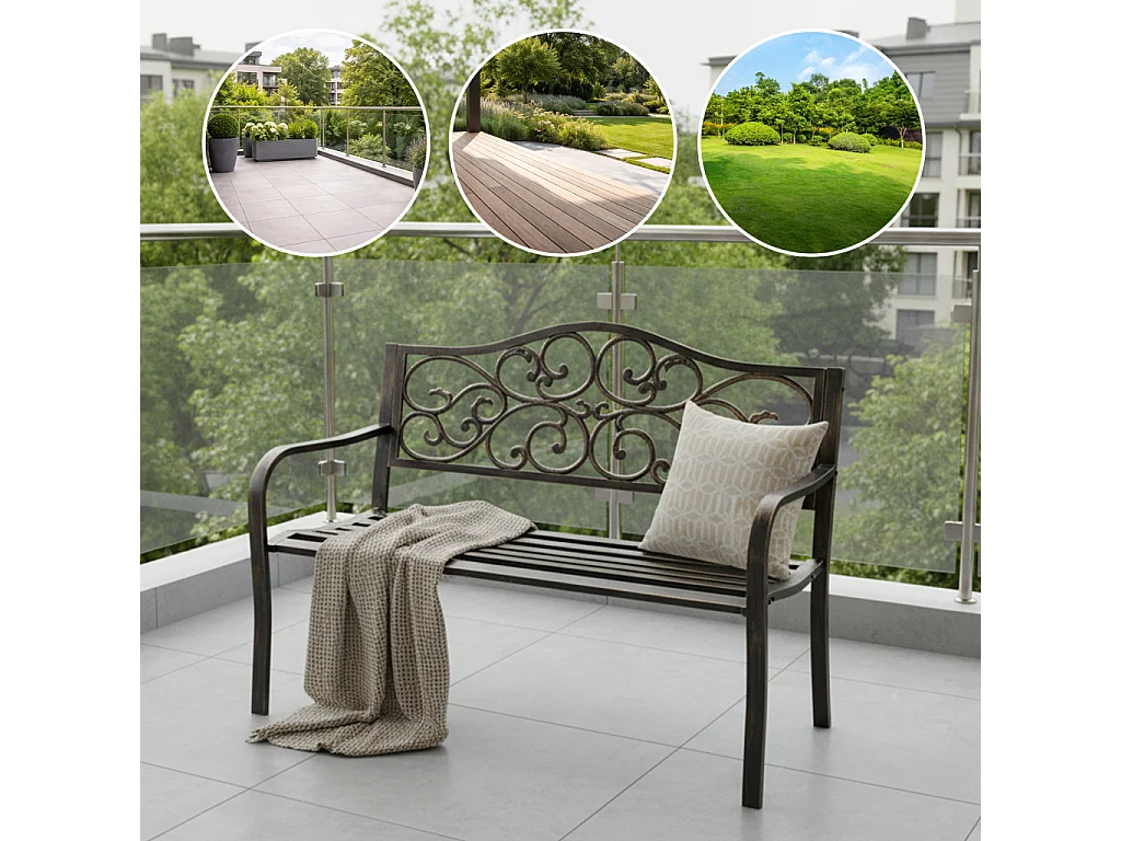 Banco de jardim marrom IRGA com pernas de aço e encosto de ferro fundido largura 127 cm