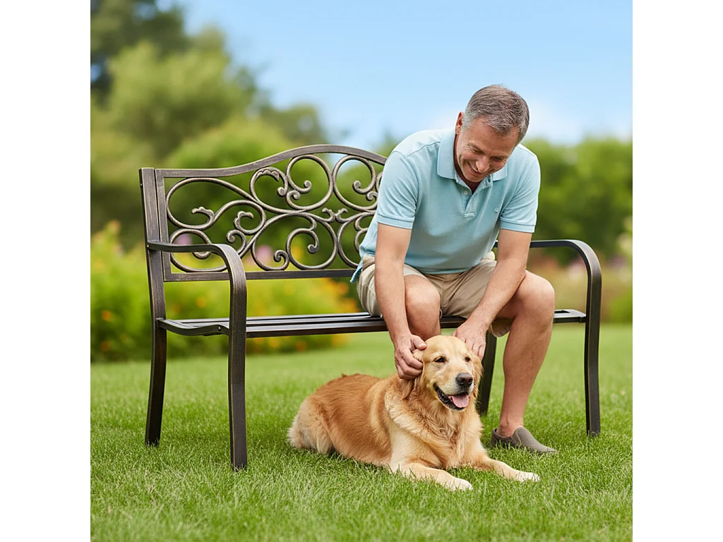 Banco de jardim marrom IRGA com pernas de aço e encosto de ferro fundido largura 127 cm