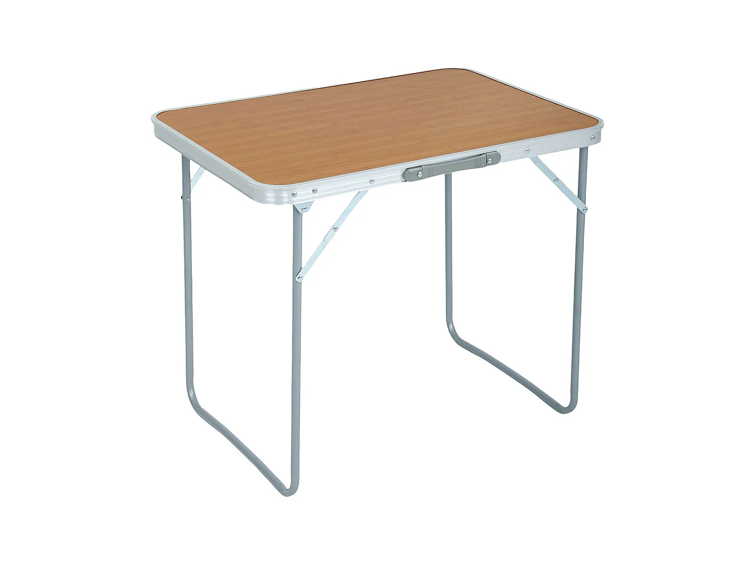 La table de camping pliante en aluminium imitation bois, dimensions : L70 x H60 x P50 cm