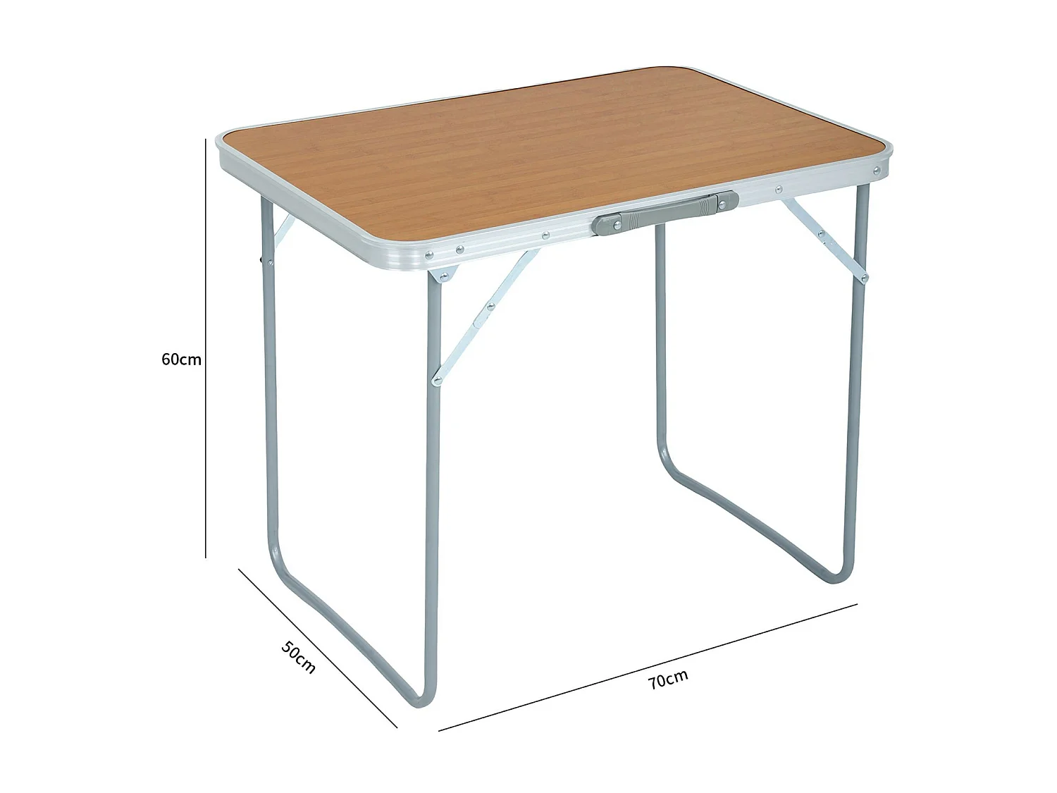 La table de camping pliante en aluminium imitation bois, dimensions : L70 x H60 x P50 cm
