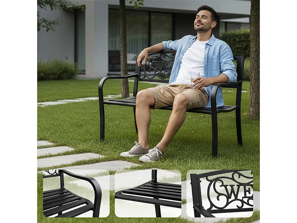 Czarna ławka ogrodowa IRYS ze stalowymi nogami i żeliwnym oparciem szerokość 127 cm
