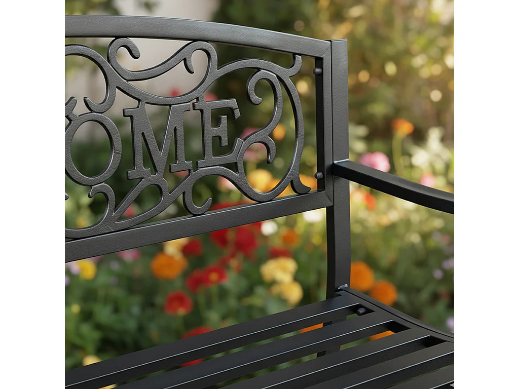 Czarna ławka ogrodowa IRYS ze stalowymi nogami i żeliwnym oparciem szerokość 127 cm