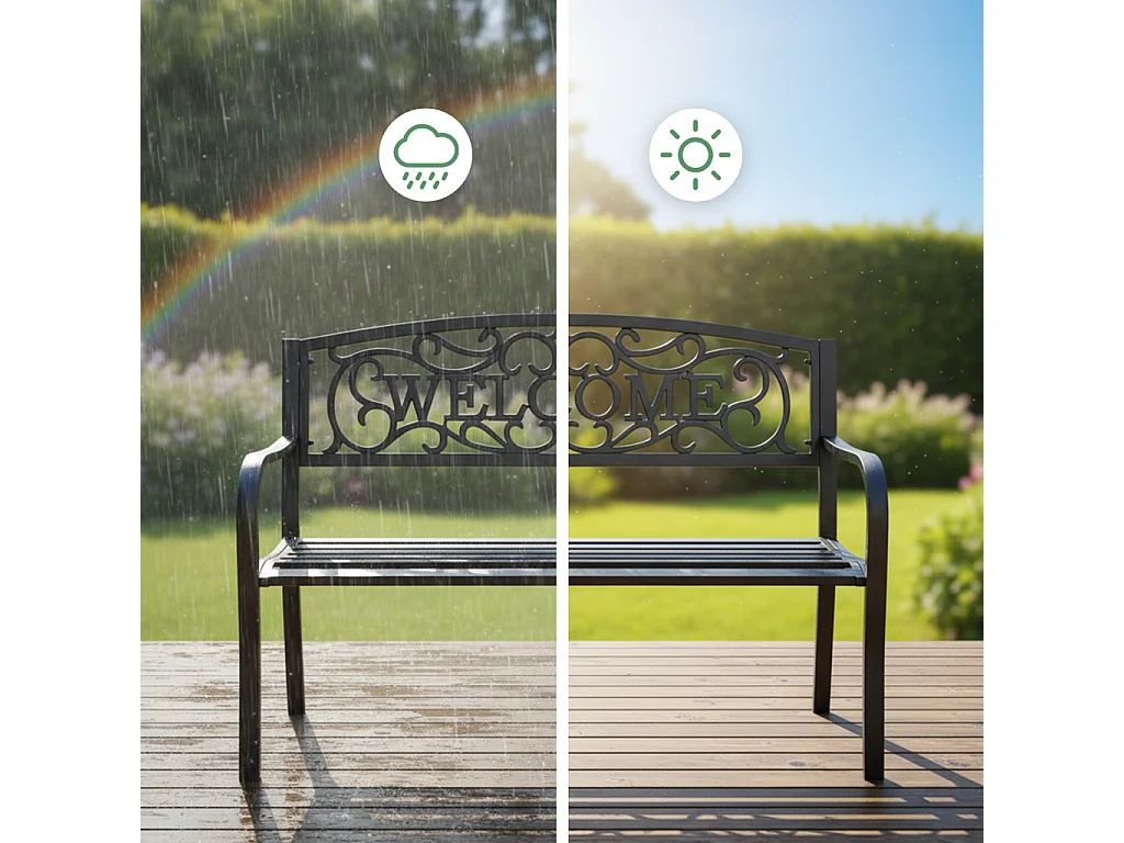 Czarna ławka ogrodowa IRYS ze stalowymi nogami i żeliwnym oparciem szerokość 127 cm