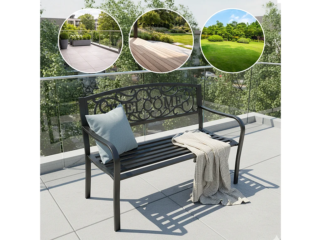 Czarna ławka ogrodowa IRYS ze stalowymi nogami i żeliwnym oparciem szerokość 127 cm