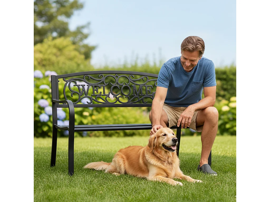 Czarna ławka ogrodowa IRYS ze stalowymi nogami i żeliwnym oparciem szerokość 127 cm