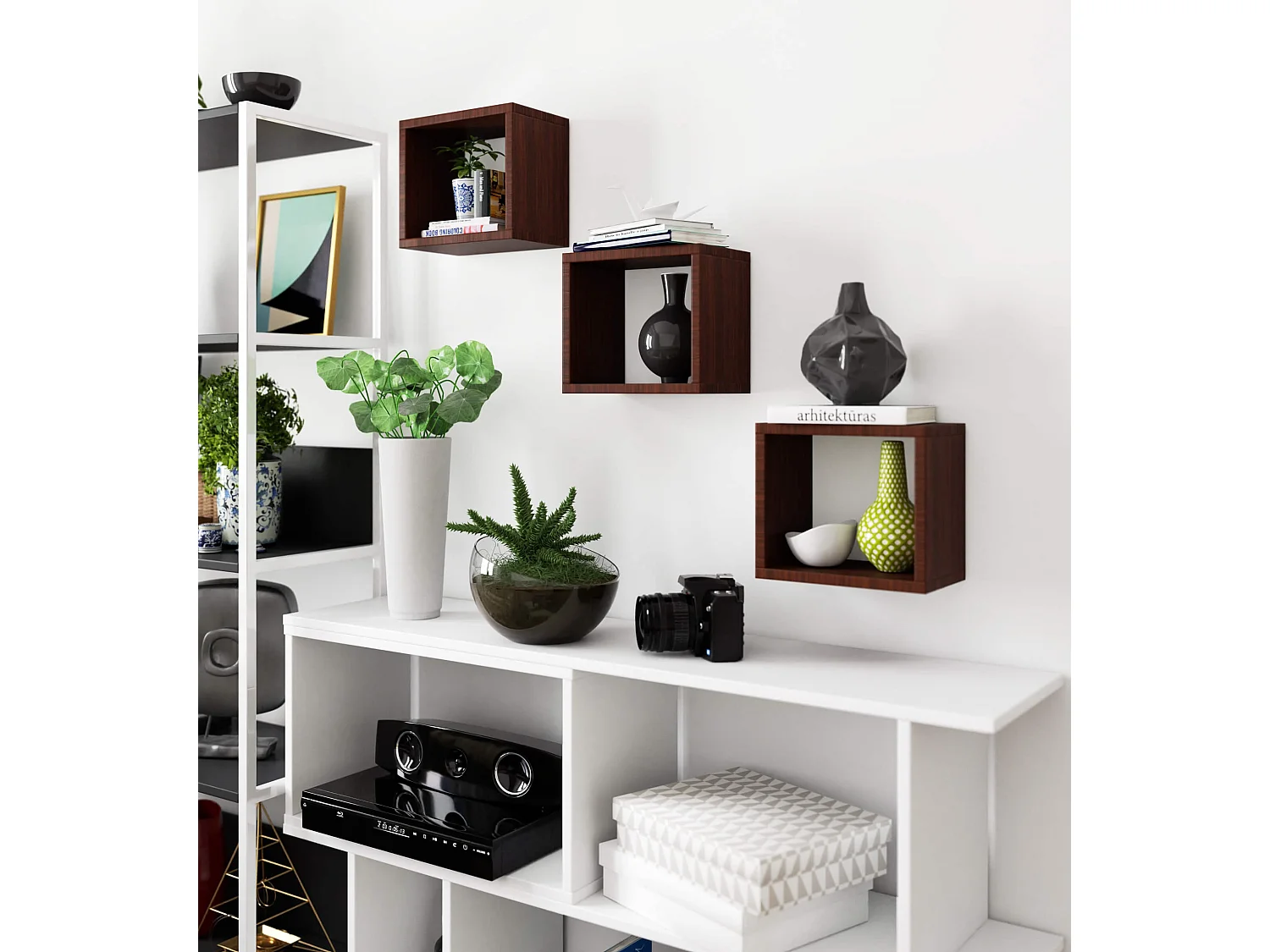 Ensemble de 3 etagères carrées AKORD K25 cm avec fixation invisible Wengé 25 cm 3 étagères 25x15x25 cm