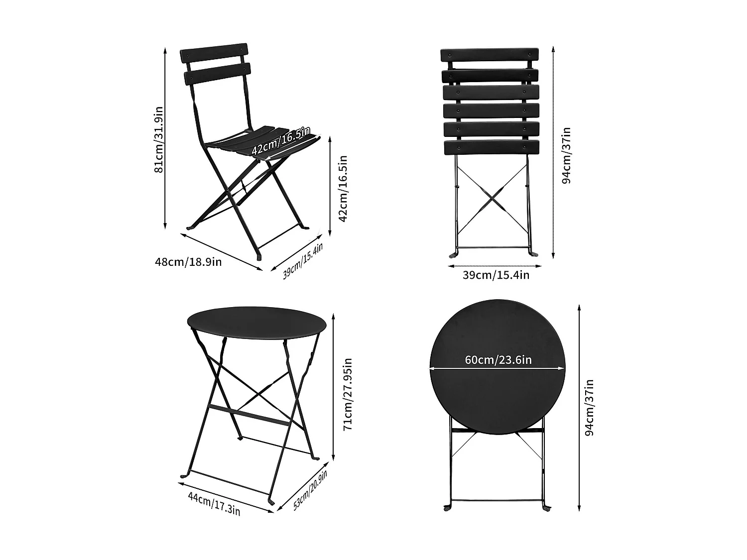 Set di mobili da balcone ORION Tavolo rotondo e 2 sedie in elegante nero