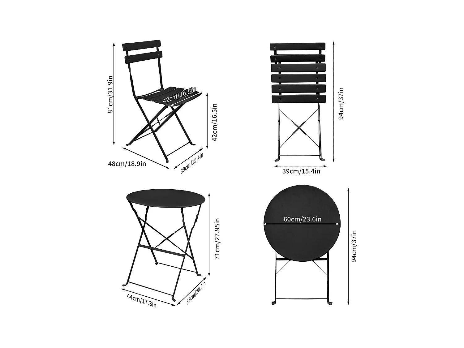 Ensemble de meubles ORION pour balcon : Table ronde & 2 chaises en noir élégant