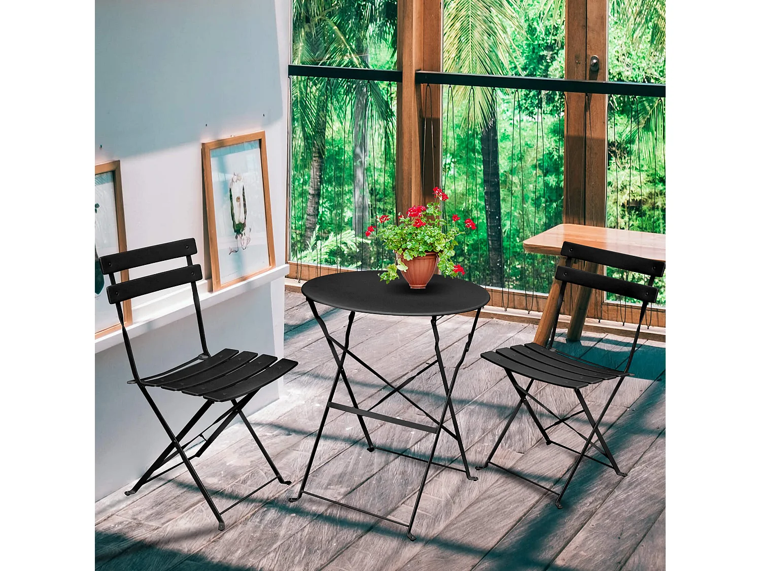3-delige Balkonmeubelen ORION / Tuinmeubelset / Zwart / Balkonset Bistrotafel en 2 Stoelen Inklapbare van Metaal / Tuinmeubelset / Ronde Tafelblad Ø 60 cm