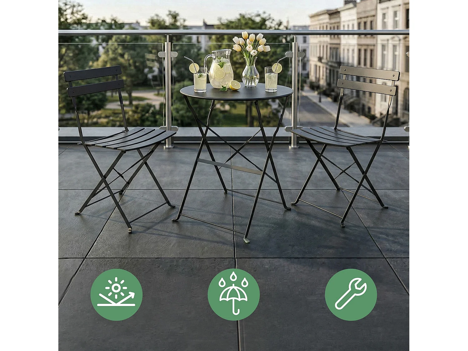 Ensemble de meubles ORION pour balcon : Table ronde & 2 chaises en noir élégant