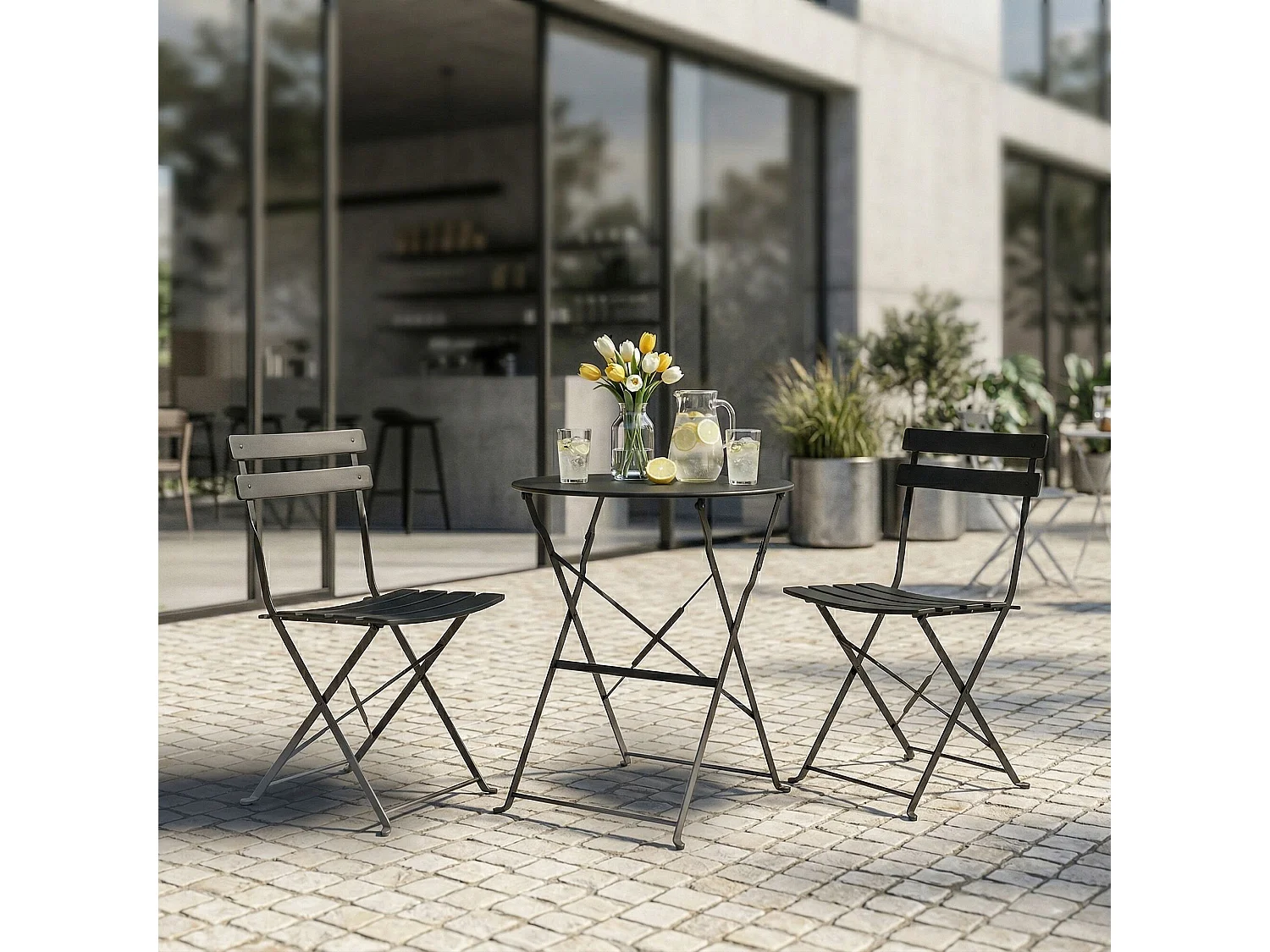 Ensemble de meubles ORION pour balcon : Table ronde & 2 chaises en noir élégant