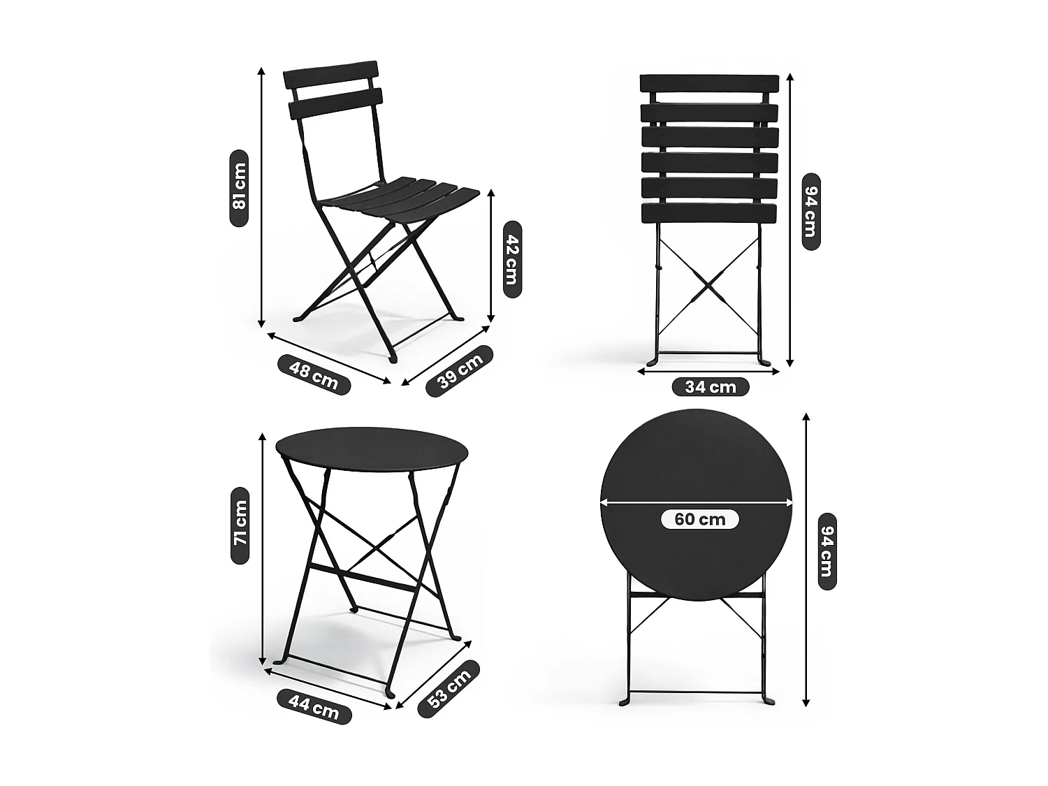 Ensemble de meubles ORION pour balcon : Table ronde & 2 chaises en noir élégant