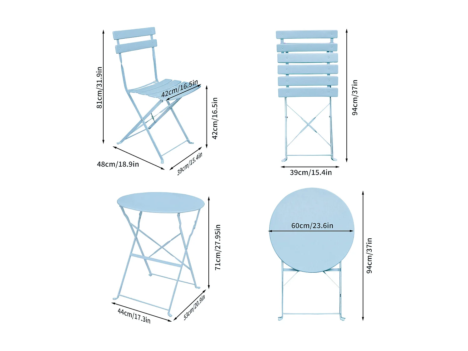 Ensemble de meubles ORION pour balcon : Table ronde & 2 chaises en bleu élégant